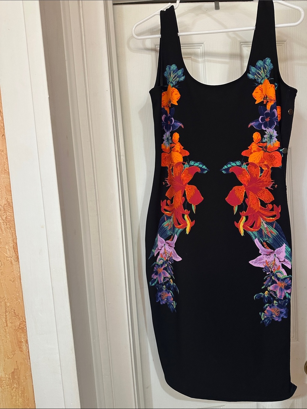BOLD elements Black Mini Dress with Orange & Purple Floral Panels